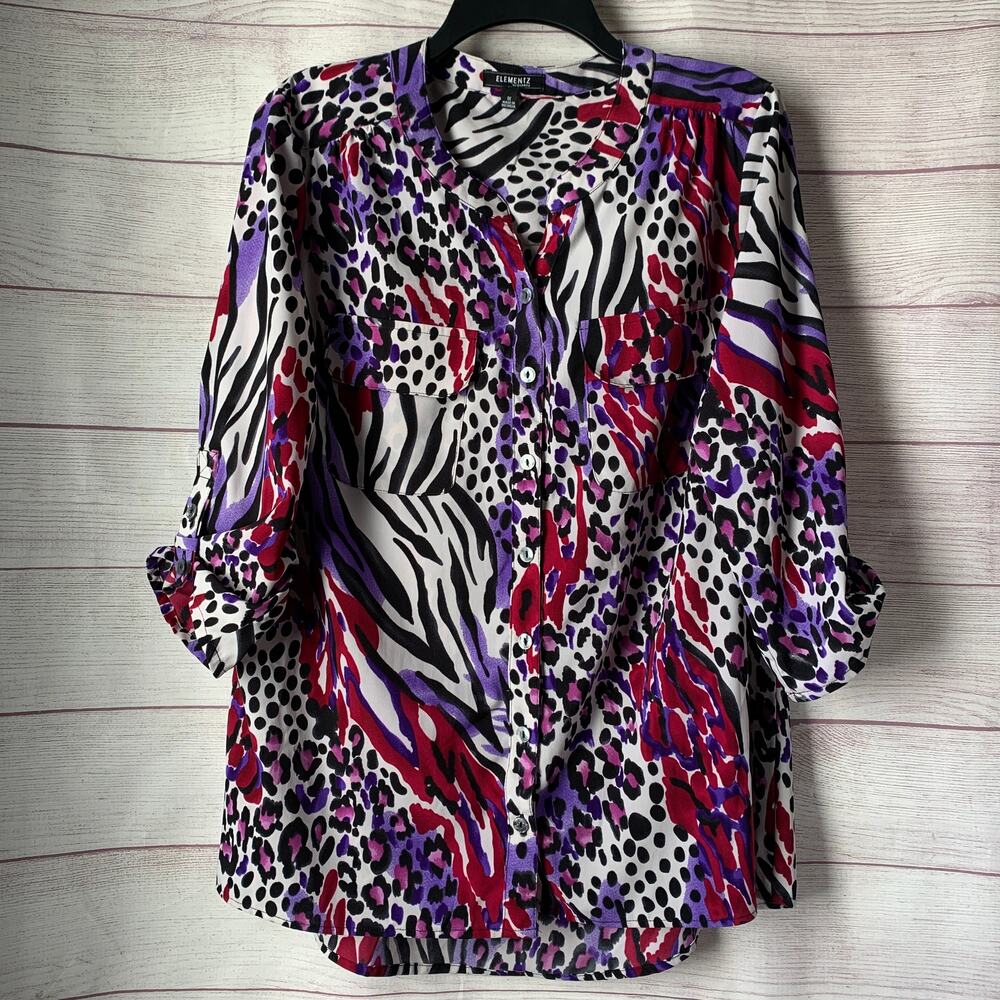 Elementz Woman Abstract Animal Print Button Up Blouse Roll Tab Sleeves Size 1X